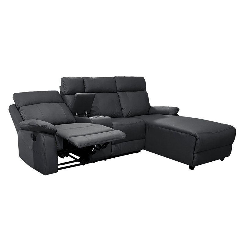 DS Living Home Furniture 3 Seater Leather Match Reclining Sofa & Chaise, Right Hand Facing, Black