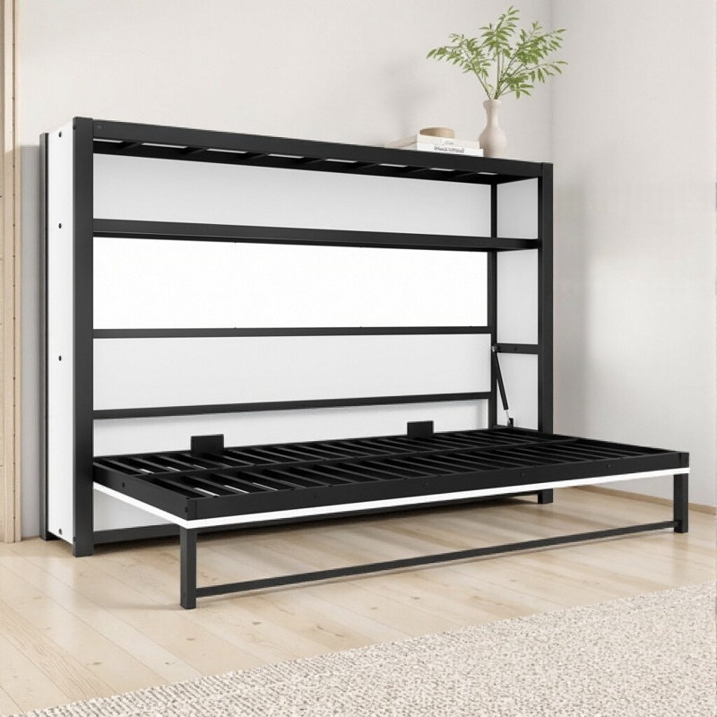 Lit escamotable simple avec tablettes - Lit escamotable mural peu encombrant, Blanc cassé