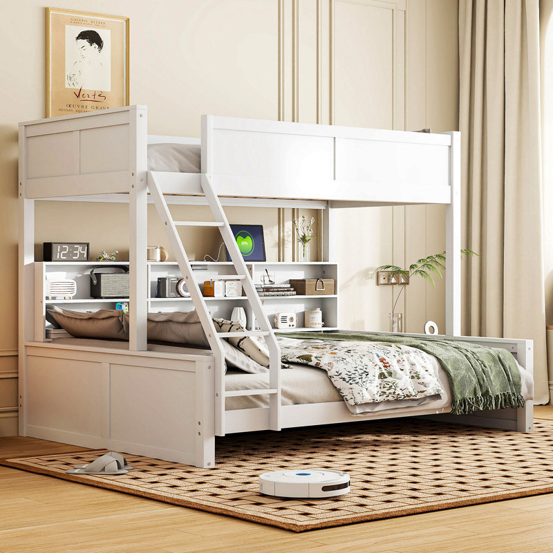 Lit superposé avec armoires de rangement et ports USB, Blanc antique