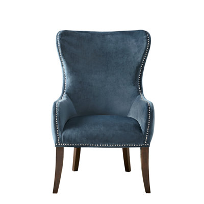 Blue Chair With Button Tufting And Wood Construction High Foam Padding Wingback In Legs