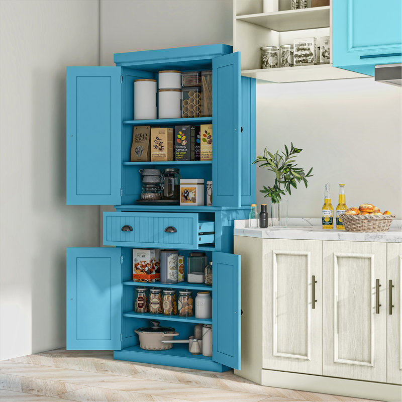 Garde-manger de 72 po, armoire de rangement autoportante haute, armoire traditionnelle avec 4 portes, tiroir et 3 tablettes réglables pour la salle à manger, bleu clair Cabinet