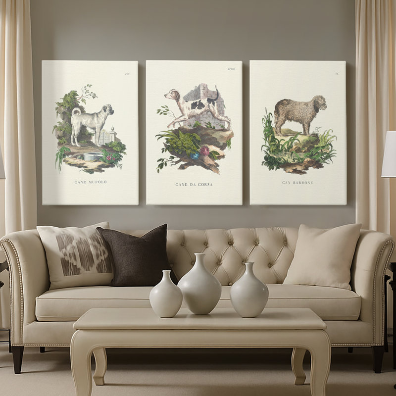 French Dogs X - Toile tendue avec châssis sur mesure - 3 pièces, H 27 po x l 54 po