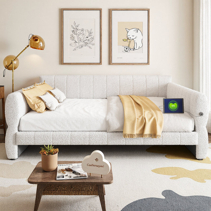 Très grand lit plateforme tapissier en laine d'agneau avec port de charge USB, tissu moelleux doux, structure en bois robuste, aucun sommier nécessaire, capacité de 600 lb, conception minimaliste moderne