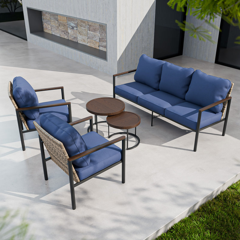 5 - Person Outdoor Seating Group with Coffe Table and Ottoman, Blue, No
