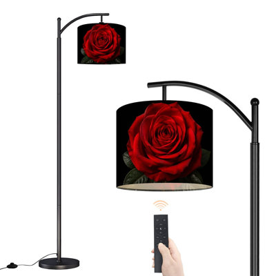 Lampe sur pied à arc avec abat-jour ajustable Gros plan éclatant Lampe sur pied à pétales de rose rouge détaillée 3 températures de couleur Lampe à mât haut avec interrupteur au pied pour la chambre à coucher