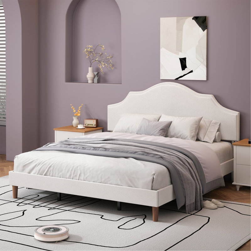 Très grand lit plateforme tapissier avec tête de lit ajustable, rembourré en tissu de lin, lit plateforme de style simple et moderne sans sommier, facile à assembler, blanc