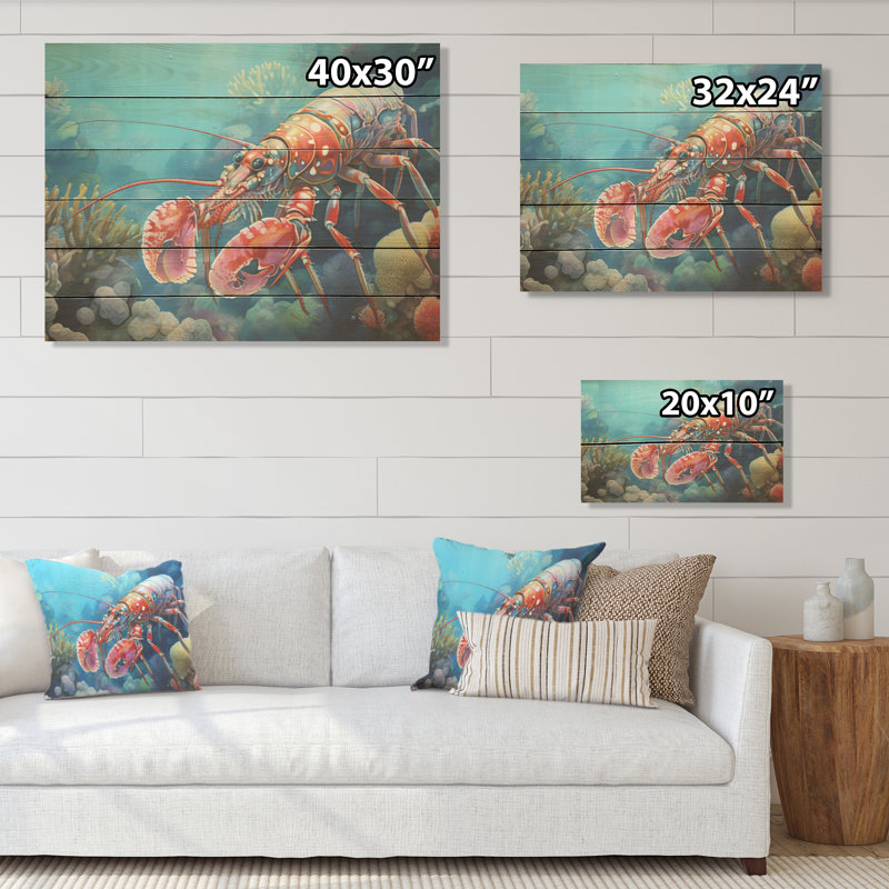 «Mantis Shrimp Dance - Coastal Coral Under Water Wood», art mural sur bois de pin naturel, H 10 po x l 20 po