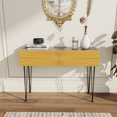 Mordern 39.4" Black & Gold Console Table with Storage Wood Entryway Table with 2 Drawers