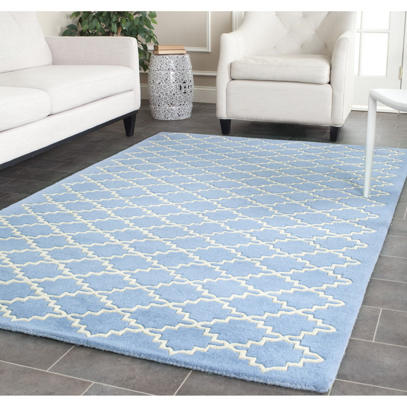 Tapis bleu / crème en laine touffeté à la main Carolene, Rectangle 8 pi 9 po x 12 pi