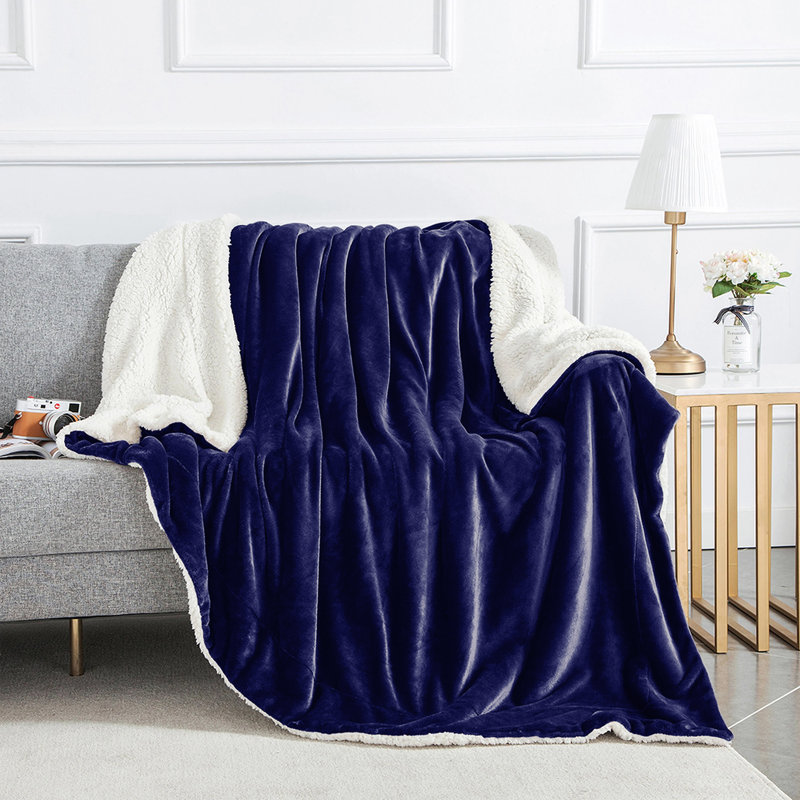 Super Soft Sherpa Fleece Blanket – Reversible Cozy Throw, 240 GSM, Navy Blue, 240 cm x 200 cm