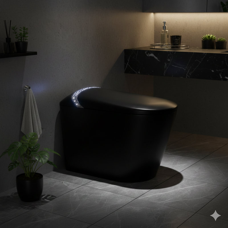 Smart toilet with an integrated bidet and a starry night light feature, modern styling for bathrooms, includes automated lid opening/closing, foot sensor, LED display, nightlight, and warm water washing and dryer, in matte black.