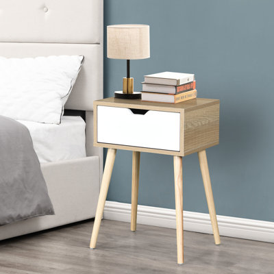 Table d'appoint blanche avec tiroir et pieds en bois d'hévéa, rangement de chambre à coucher de style moderne Mid-Century, finition en bois massif, assemblage sans effort 1 meuble de couleur, options de rangement abondantes, processus simple