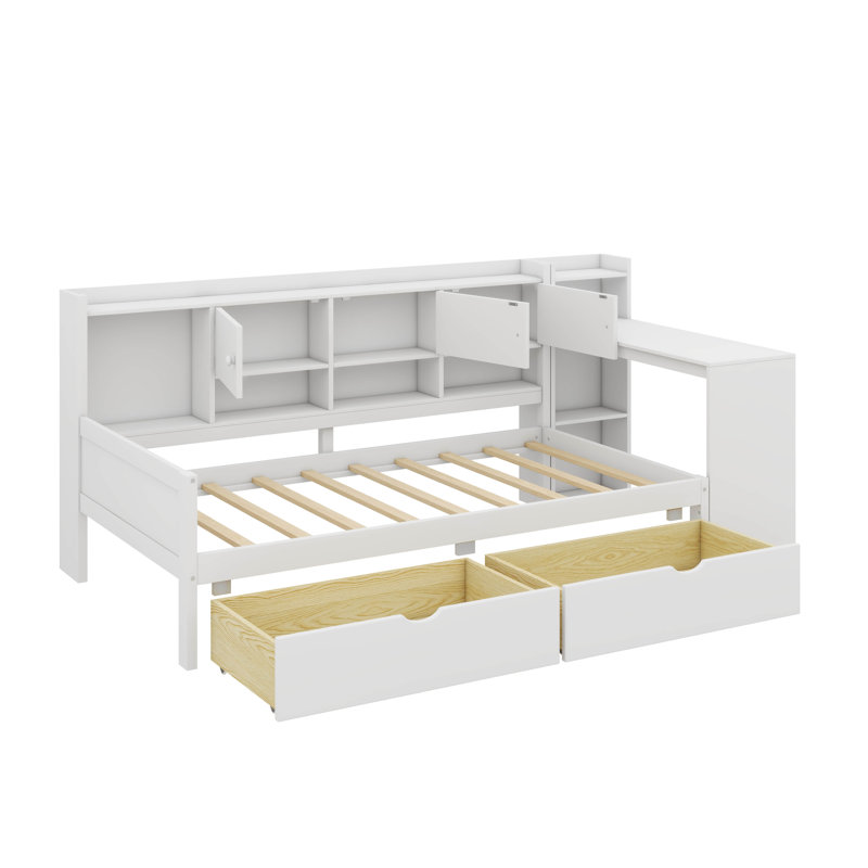 Lit de jour en L en bois avec sept armoires de rangement et deux tiroirs, un lit polyvalent avec une table d'étude intégrée