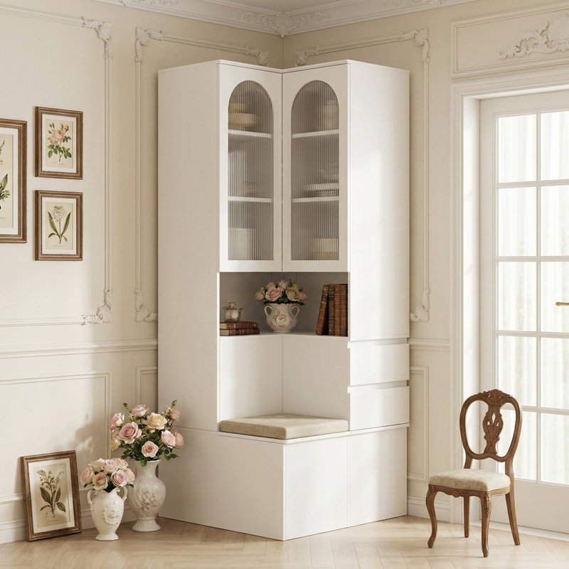 Armoire d'entrée de coin 78,7 "avec tiroirs, tablette ouverte et siège rembourré