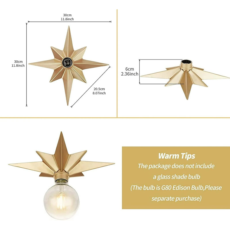 11.8" Flush Mount Ceiling Light Metal Star Fixtures with Gold Modern Globe Glass for Living Room Bedroom, Gold