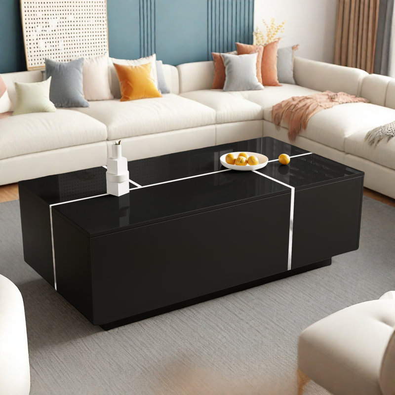 Table basse extensible avec finition ultrabrillante, 2 espaces de rangement cachés, 2 tiroirs et bords contrastants, Noir