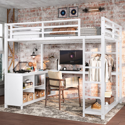 Lit mezzanine en métal avec garde-robe et bureau en forme de L, lit mezzanine double avec cubes de rangement et tablettes, lit mezzanine pour enfants, adolescents, adultes