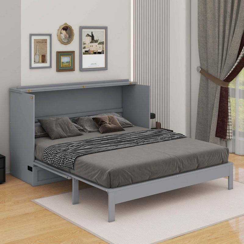 Grand lit escamotable avec tiroirs, Gris, Grand lit