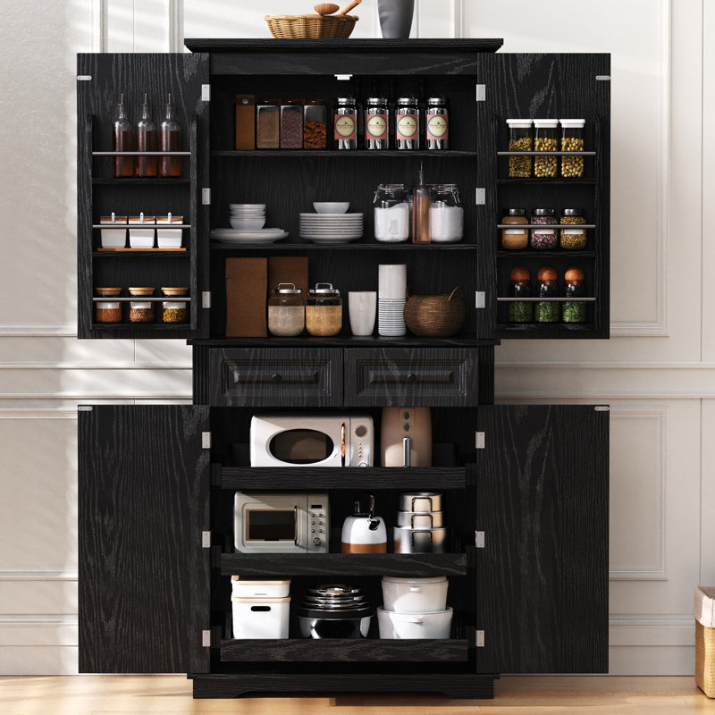 Garde-manger autoportant avec 3 organisateurs d'armoire coulissants, 6 tablettes de porte et 2 tiroirs, Black