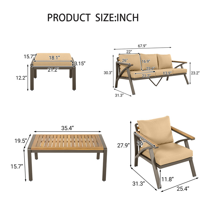 Ensemble de conversation modulaire d'extérieur en acacia 6 pièces pour patio, Brun