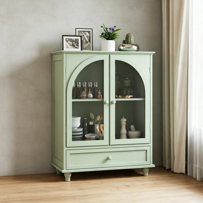 Farmhouse Sideboard with Double Arched Glass Doors, Green Storage Cabinet with Tiered Top & 1 Drawer for Kitchen, Living Room, Coffee Bar