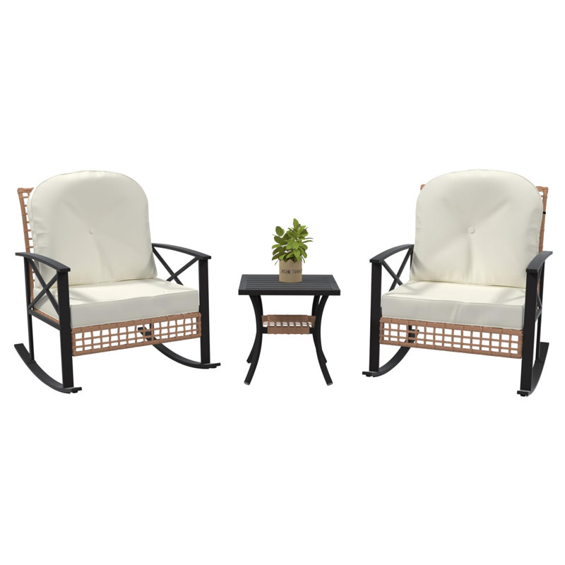 Ensemble bistro 3 pièces à bascule, ensemble de mobilier d'extérieur avec coussins épais et table basse à 2 niveaux, ensemble de conversation en rotin pour porche, jardin