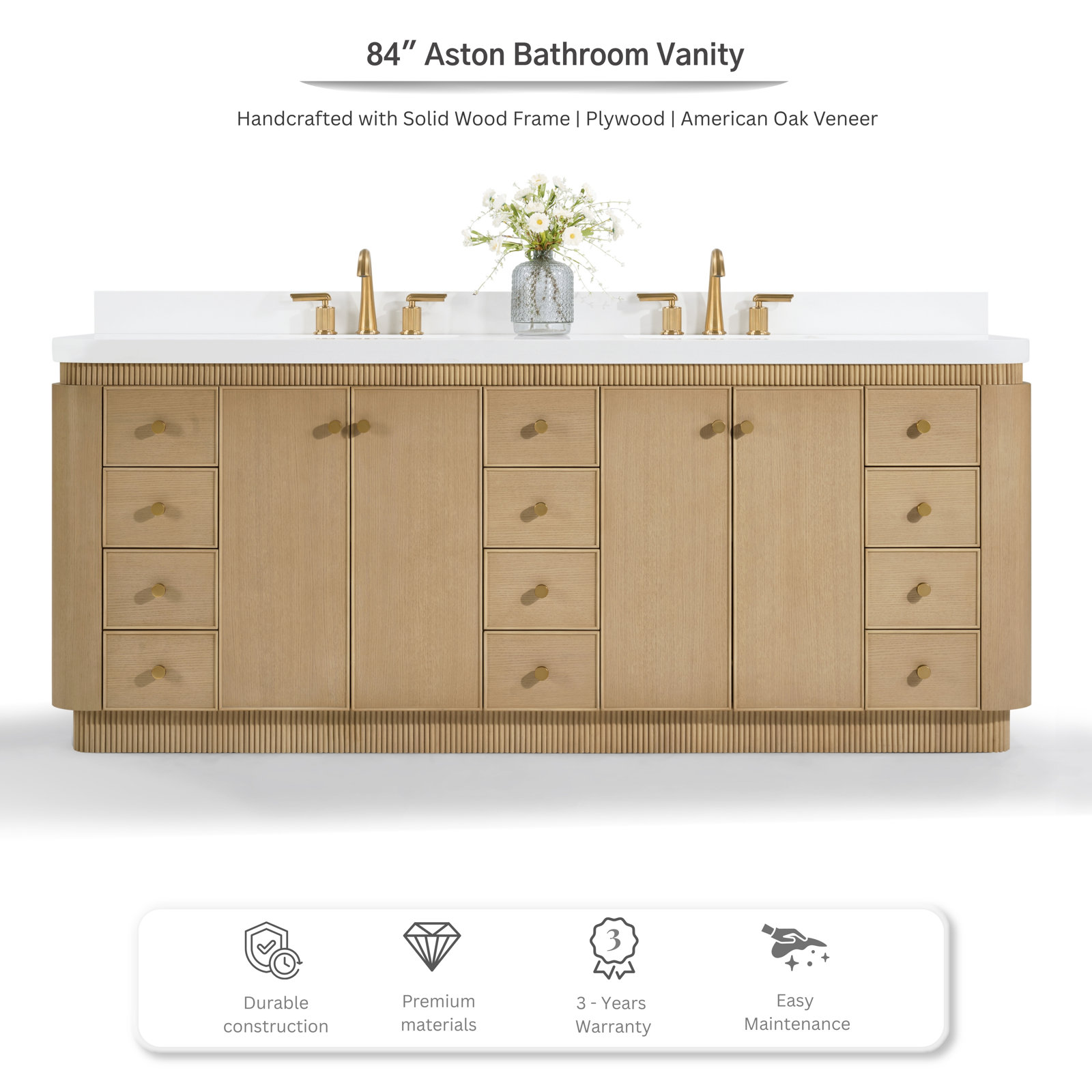 Aston Bath Vanity Set with Alpine White Quartz Top, 84 inch, Natural Oak