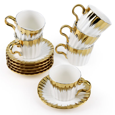 Coffee Cup Set of 6 with Saucers, 3.5 OZ Ceramic Espresso Cups, Deco Golden Turkish Coffee Cup Gift for Cappuccino, Latte, Cafe Mocha and Tea, Dishwasher & Microwave Safe (Gold Trim)