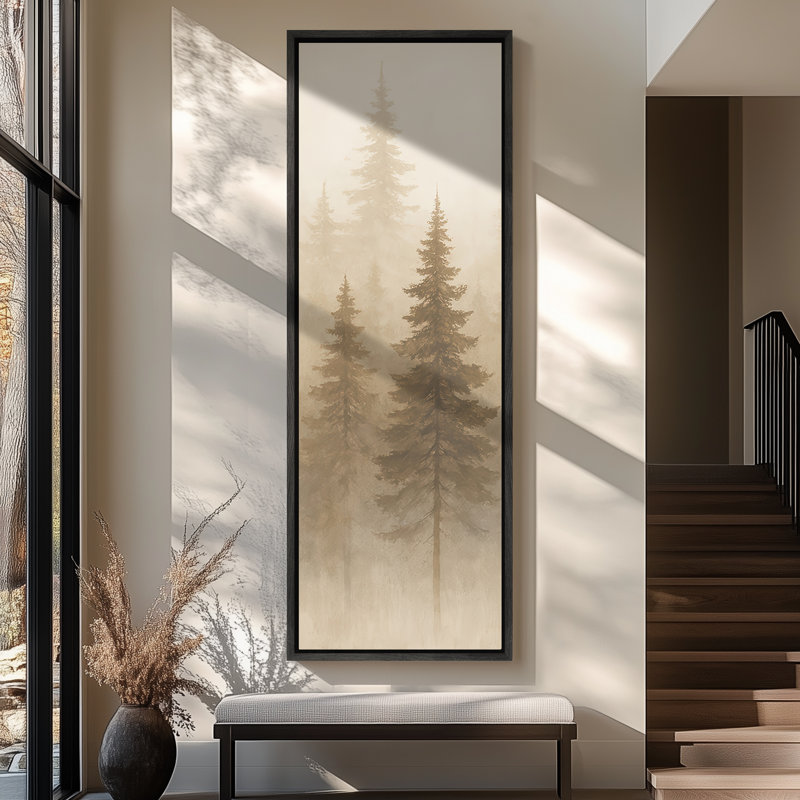 «Misty Evergreen Forest Layers», grande impression sur toile encadrée pour chambre principale, Noir