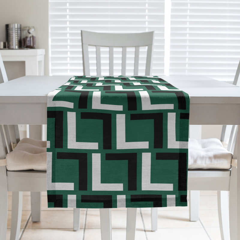 Chemin de table Carolina, 72 po x 16 po, Coton, Vert Gotham / blanc / noir furtif