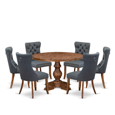 L'ensemble de salle à manger moderne 7 pièces comprend une table et 6 chaises de salle à manger rembourrées en tissu de polyester rouge beige avec dossier capitonné, noyer antique