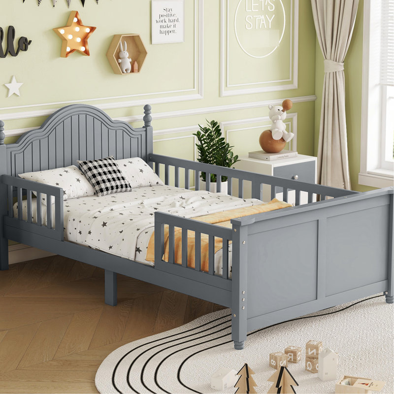 Lit simple pour lit simple, plateforme en bois gris avec tête de lit et rails pleine longueur, escalade sécuritaire à profil bas, sous le rangement