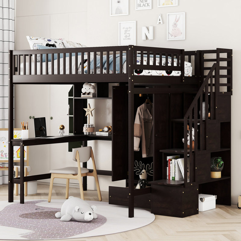 Lit mezzanine multifonctionnel avec bibliothèque intégrée, tiroirs, bureau et garde-robe pour une solution de chambre à coucher complète