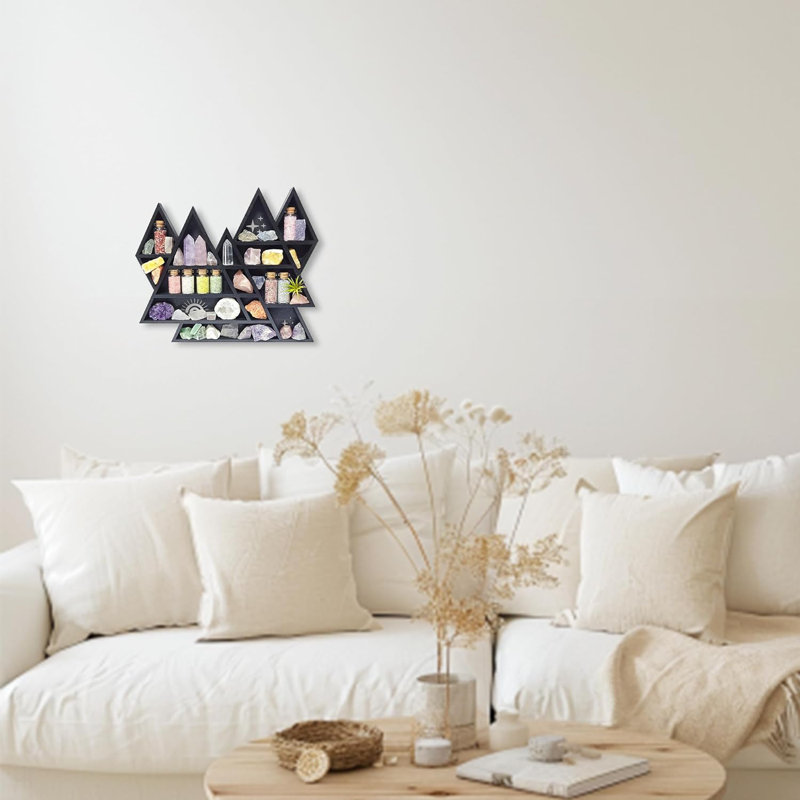 Mountain Crystal Shelf Wall Display - Wooden Triangle Rock Gemstone Organizer For Meditation Room Decor, Spiritual Gifts, Trinkets & Art Collections