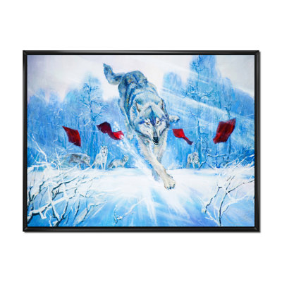 Paysage hivernal «Loup sautant» - peinture sur toile