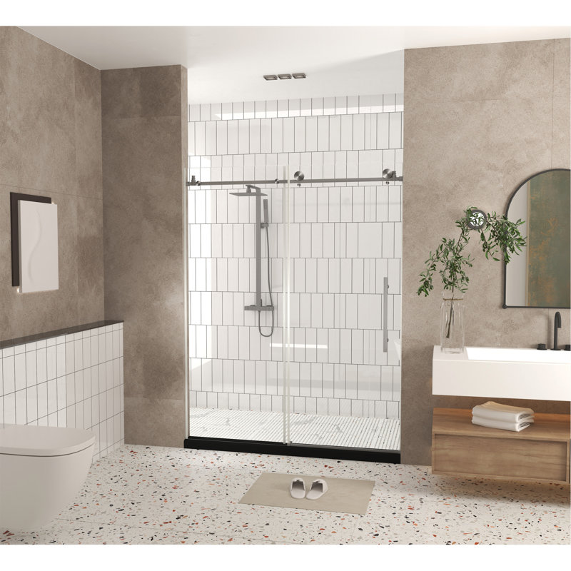 Frameless Shower Door 56-60 "W X 76" H, 1/4 "(6 Mm) Clear Tempered Glass, Explosion Proof Film, Stainless Steel Handle,Brushed Nickel