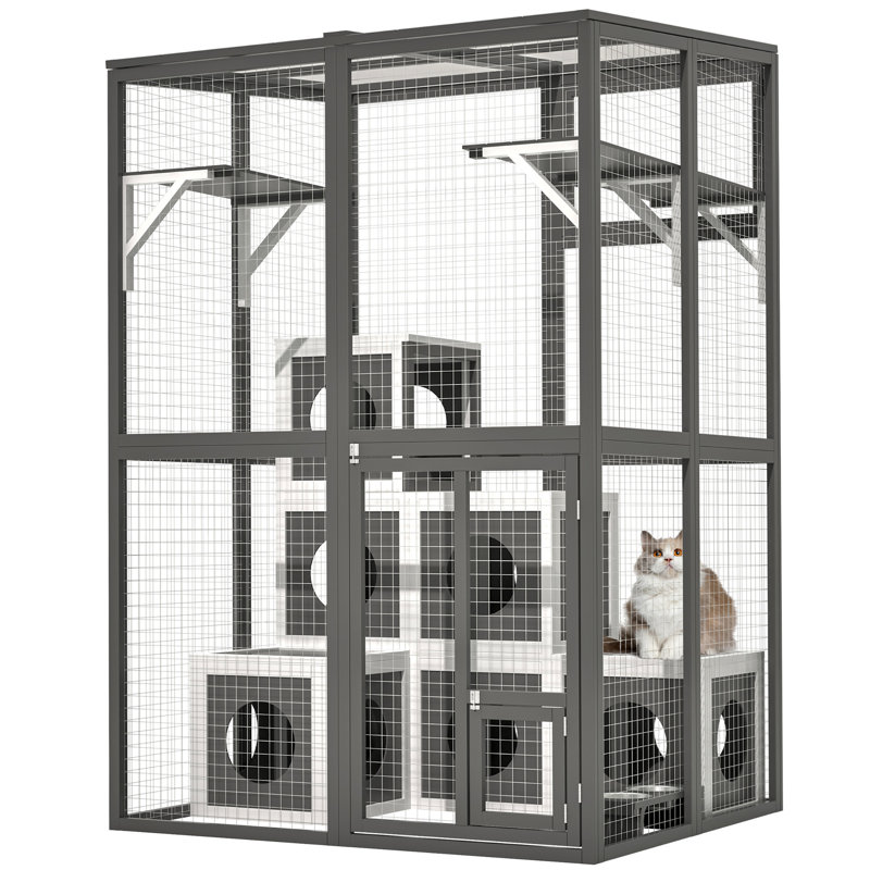 Grand chat gris - bois massif avec 2 plateformes et 7 abris pour enclos pour chats confortables