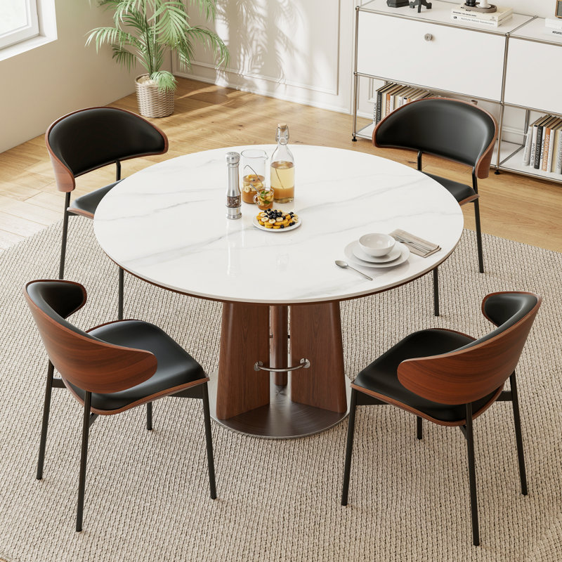 47" White Round Sintered Stone Dining Table, Mid-Century Modern Gloss Kitchen Table with Walnut Base
