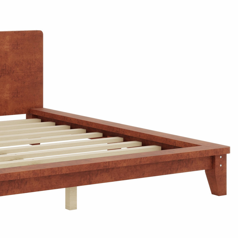 Base de lit plateforme contemporaine avec support en lattes de bois pour tête de lit, Brun, Grand lit