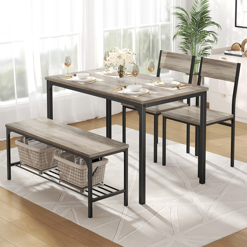 Ensemble de table de salle à manger 4 pièces pour 4 personnes avec 2 bancs, Gris