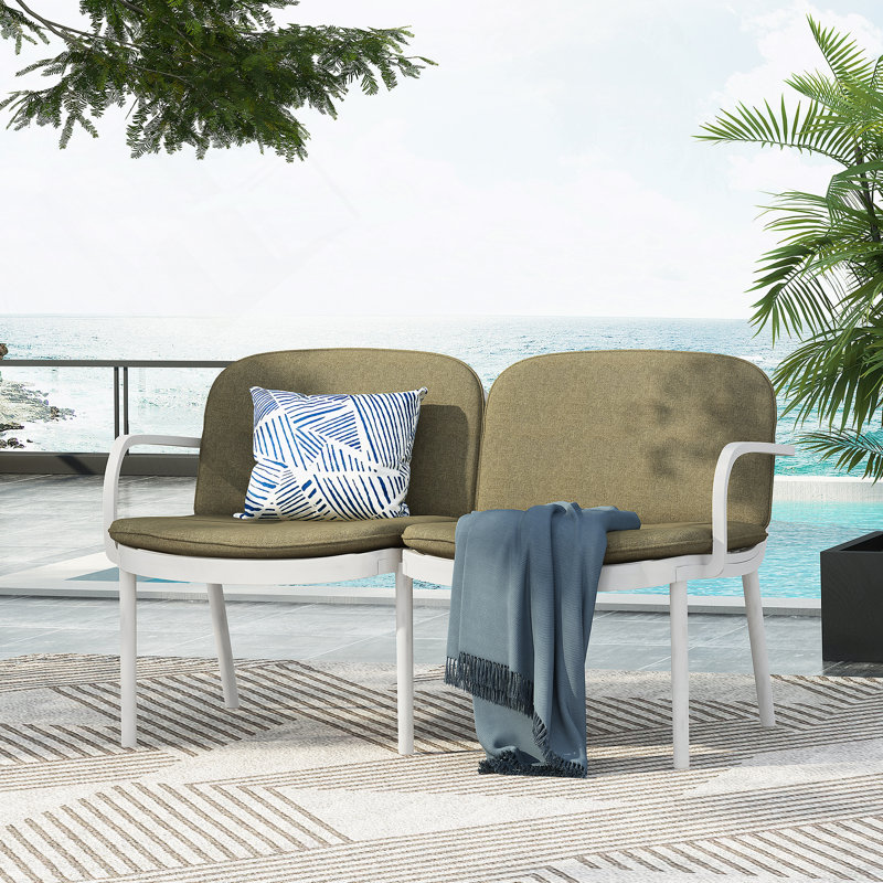Causeuse d'extérieur en PP, structure blanche avec coussin vert, Coussin vert / cadre blanc
