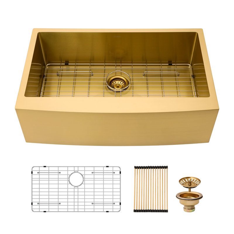 Évier de cuisine à simple cuve en acier inoxydable à tablier frontal L 33 po x l 21 po, Or