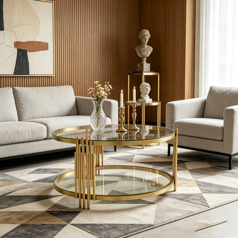 Ensemble de 3 tables de salon avec 1 table basse et 2 tables de bout rondes, Transparent
