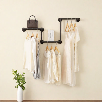 Industrial Pipe Clothing Rack With Floating Shelf, Space Saver Display Hanging Clothes Rack, Wall Mounted Iron Clothes Rack,  Black