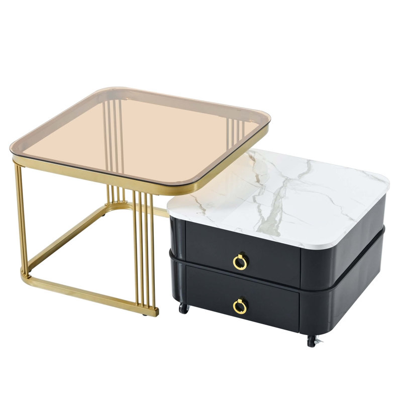 2-in-1 Square Nesting Coffee Table with Wheels & Drawers, Stackable Side Table with High Gloss Marble Grain Top, End Table Set with Brown Tempered Glass for Living Room