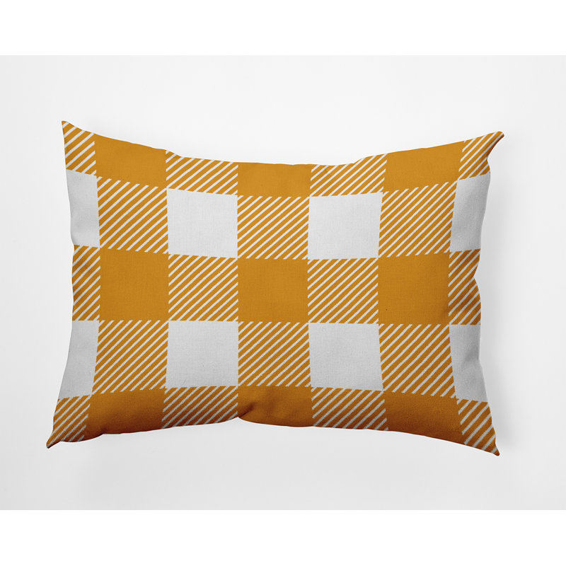 Plaid Outdoor Reversible Throw Pillow, Golden Mustard/White