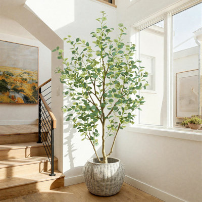  7FT Artificial Eucalyptus Tree, Multi-Trunk Faux Floor Plant with Black Plastic Pot, Realistic Fake Eucalyptus Tree for Home Living Room Office Decor, Indoor Use Only