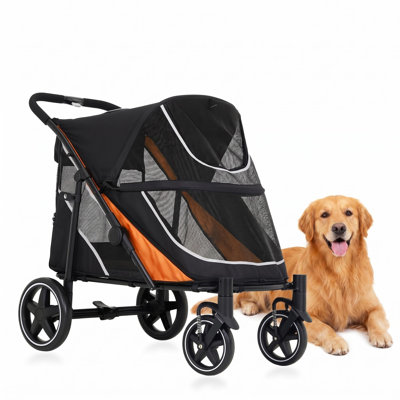 Grande poussette à deux entrées pour grands chiens - Poussette robuste pour animaux de compagnie avec ventilation en filet 360 °, pliage en une étape, roues tout-terrain de 11 po, attaches de sécurité et rangement - orange