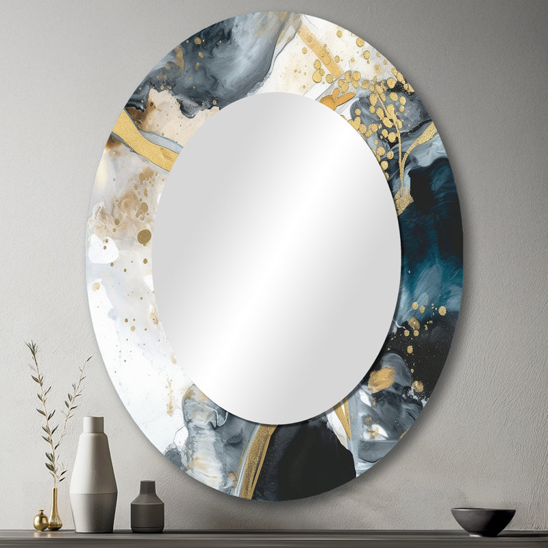 Marble Painting Textured V - Gold Modern Oval Wall Mirror, 43" x 33"