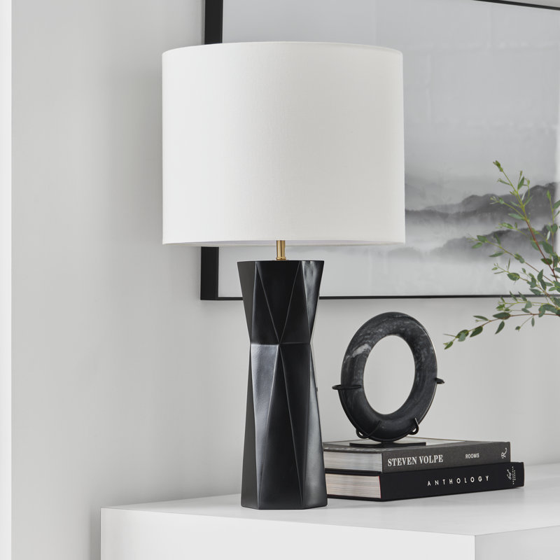 Gloss Black Resin Table Lamp with White Linen Shade
